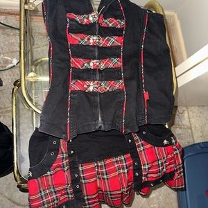 TrippNYC outfit, plaid miniskirt with matching plaid detailed denim corset top